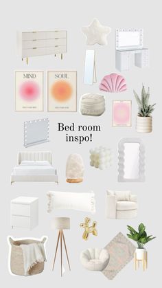 a collage of white furniture and decor with the words bed room inspo on it