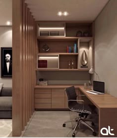 a room with a couch, desk and bookshelf next to a wall mounted bookcase