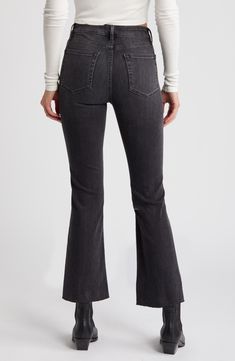 Cascading raw hems bring a casual edge to stretchy, cropped bootcut jeans featuring a faded-black wash and a gap-free contoured waist. 26 1/2" inseam; 17 1/2" leg opening; 11 1/2" front rise; 15 1/2" back rise (size 29) Zip fly with button closure Five-pocket style 90% cotton, 6% elasterell-p, 4% elastane Machine wash, dry flat Imported Cropped Bootcut Jeans, Raw Hem Jeans, Hem Jeans, Fabric Gift Bags, Nordstrom Store, Fabric Gifts, Free Fabric, Anniversary Sale, Bootcut Jeans