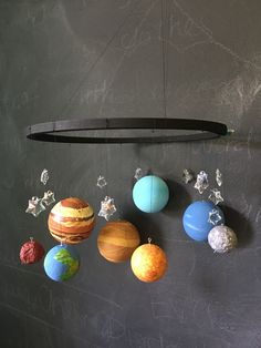 a solar system hanging from the side of a chalkboard wall with planets on it