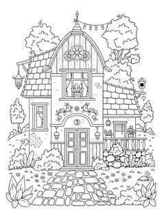 a coloring page with a house in the background