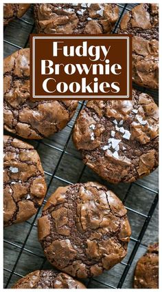 chocolate fudge brownie cookies cooling on a wire rack with the title overlay