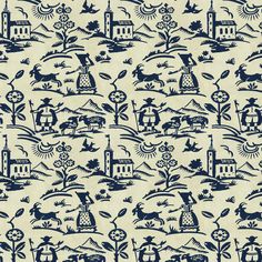 a blue and white wallpaper with an image of farm animals on it's side