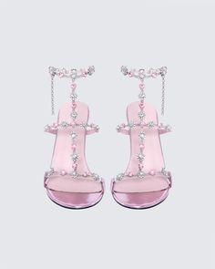 Keep your heels, head, and standards high 👑 With a classy, yet playful look - these pink jewel stilettos are the perfect statement piece to add to any fit that needs a little something extra 💖 Glamorous Pink Sandals With Round Toe, Glamorous Pink Round Toe Sandals, Pink Open Heel Prom Heels, Pink Glamorous Heels For Night Out, Glamorous Pink Heels For Night Out, Glamorous Pink Heels For Party, Glamorous Pink High Heel Sandals, Pink Round Toe Sandals For Prom, Pink Ankle Strap Sandals For Prom