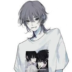 an anime character wearing a white shirt with black hair and two other characters on it