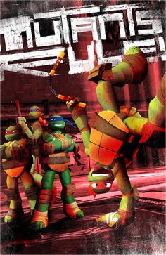 the teenage mutant turtles are playing with each other in front of a red and black background