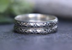 This listing is for one art nouveau sterling silver stacking ring with a deeply engraved floral pattern that is antique inspired and so very feminine. Wear this elegant ring alone or stacked with other rings! - Choose your size at check-out! - Choose your polish preference: oxidized with contrast (dark and light) or all shiny silver. - Ring measures 3mm tall and 1.5 mm wide. Check out my other stacking ring options here: https://www.etsy.com/shop/DeerGirlDesigns?section_id=17967071 - All items c Bohemian Engraved Wedding Ring With Intricate Design, Bohemian Engraved Filigree Ring For Anniversary, Bohemian Stackable Round Rings For Weddings, Bohemian Silver Stackable Rings For Wedding, Bohemian Etched Rings For Wedding, Bohemian Antique Silver Wedding Rings, Bohemian Sterling Silver Engraved Ring For Anniversary, Bohemian Silver Stackable Rings For Anniversary, Silver Stackable Rings With Intricate Design For Gift