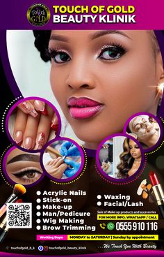 a flyer for a beauty salon with photos of women's faces and makeup products