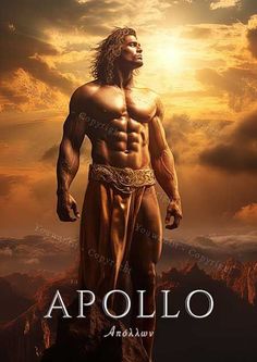 a man standing on top of a mountain with his hands in his pockets and the words apollo above him