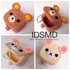 crocheted teddy bear purses with ears and nose are shown in four different pictures