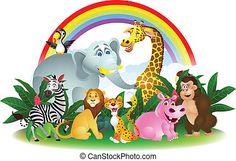 many different animals in the jungle under a rainbow