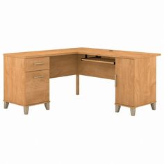 an l shaped desk with two drawers on each side and one open drawer at the top