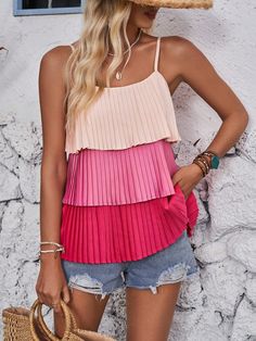 Pink Casual Collar  Woven Fabric Colorblock Cami Embellished Non-Stretch  Women Clothing Tank Top Cami, Three Color, Cami Tops, Woven Fabric, Tank Tops Women, Color Blocking, Collar, Womens Tops, Clothes For Women