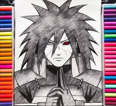 a drawing of an anime character with red eyes and black hair, surrounded by colored crayons