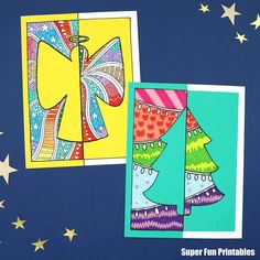 three colorful christmas cards on a blue background with stars