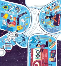 an image of the inside of a space station with people and objects on it in blue