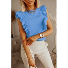 Color: Blue, Size: XXL Women Ruffle Blouse, Estilo Hipster, Blouses Vintage, Short Sleeve Tops Casual, Short Blouses, Flared Sleeves Top, Butterfly Sleeve, Loose Pullover, Women Blouse