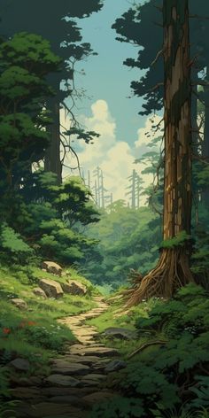 a painting of a path in the middle of a forest with lots of tall trees