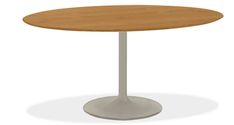 a round wooden table with a metal base and an oval top, viewed from the front