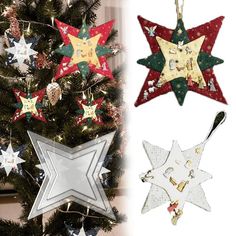 three star ornaments hanging from a tree next to a christmas tree with decorations on it