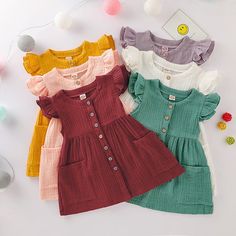 Material: Cotton,Polyester Gender: Girls Fit: Fits true to size, take your normal size Dresses Length: Knee-Length Decoration: Ruched Collar: Crew Neck Size(inch): 80 Bust: 20.1 Length: 17.7 Age: 12-24 Months 90 Bust: 20.9 Length: 19.7 Age: 2-3 Years 100 Bust: 21.7 Length: 21.3 Age: 3-4 Years 110 Bust: 22.8 Length: 22.8 Age: 4-5 Years 120 Bust: 24.0 Length: 24.4 Age: 5-6 Years Friendly Tips: 1.Please kindly allow 2-3% difference according to manual measurement. 2.Please check the measurement cha Ruffles Sleeves, Ruffle Summer Dress, Dress Ruffles, Girl Sleeves, Girls Dresses Summer, Butterfly Sleeves, Sweet Dress