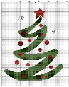 a cross stitch christmas tree with red and green ornaments on the top, is shown