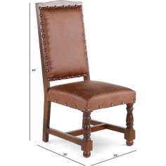 a brown leather chair with wooden legs and studded trimmings on the back