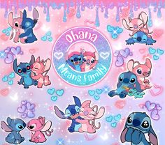 an image of some cute little stitchers on a pink and blue background with hearts