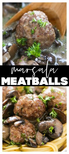 meatballs with mushrooms and parsley in a skillet