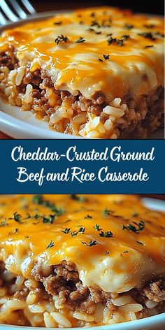 Cheddar-Crusted Ground Beef and Rice Casserole combines hearty ground beef, fluffy rice, and a creamy sauce, all topped with a layer of melted cheddar cheese and crispy crust. This easy-to-make casserole is a crowd-pleaser for busy weeknights or casual gatherings. Easy Meals For Dinner Ground Beef, Easy Meals Over Rice, Medium Ground Beef Recipes, What To Do With Ground Beef Easy, Burger And Rice Casserole, Chinese Casserole Recipes Ground Beef, Broccoli Cheddar Cheese Rice Ground Beef Casserole, Easy Cheap Meals With Ground Beef, Recipes With Ground Beef And Cream Cheese