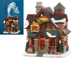 Lemax Village Collection Chestnut Cabin #05641 – House of Holiday Village Miniature, Christmas Village Decorations, Vail Village, Lemax Village, Lemax Christmas Village, Christmas Village Sets, Lemax Christmas, Stone Chimney, Cabin Lighting