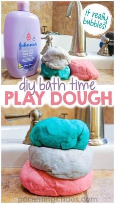 three bath time play doughs stacked on top of each other