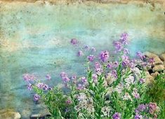 a painting of purple flowers in front of a body of water with rocks and grass