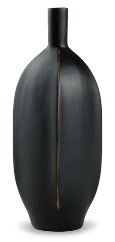 a black vase with a brown stripe on the top and bottom half, sitting in front of a white background