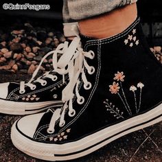 Converse Embroidery, Embroidered Converse, Black Converse, Embroidered Shoes