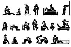 various silhouettes of people doing different things in the living room, bedroom and bathroom