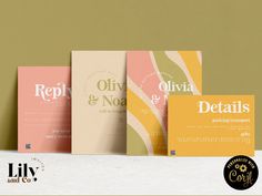 three different business cards on top of each other in front of a green background with the words repi & noa and details