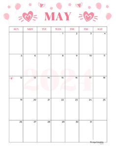 the may calendar with balloons and hearts on it, is shown in this printable version