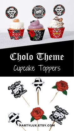 cupcake toppers with skulls and roses on them are shown in black, white and red