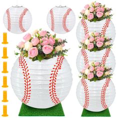 three vases with flowers and baseball decorations