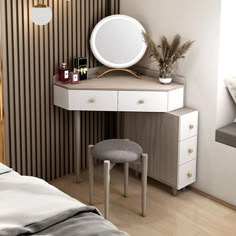 a bedroom with a vanity, stool and mirror