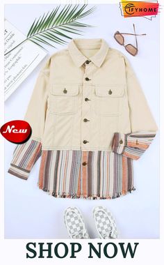 Button Up Pockets Striped Color Block Corduroy Jacket Corduroy Jacket, Button Up, Color Block, Color