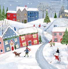 a painting of children playing in the snow with their dog and house on either side