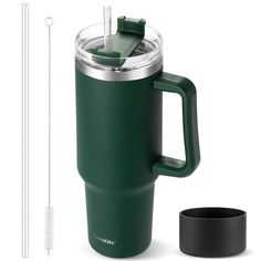 thermos cup and straws are next to each other