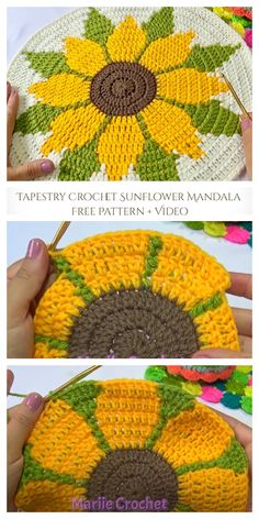 the crochet sunflower is being worked on