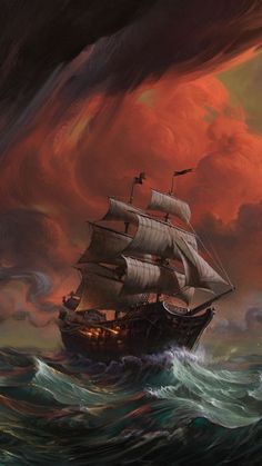 a painting of a ship in the middle of an ocean with red clouds above it