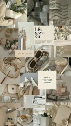 the collage shows many different items in white and beige colors, including shoes, hats, and other things