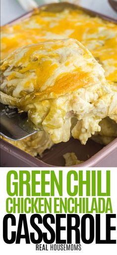 green chili chicken enchilada casserole in a pan with a spoon