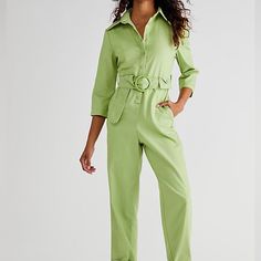 House Of Sunny Golden Years Green Belted Jumpsuit Size 2 Color Is Solid Lime Green Belted Has A Little Pouch Pocket On The Belt Collared Button Front New With Tags Offers Always Welcome This House Of Sunny Green Jumpsuit Or Coveralls Are So Cute And Fun! Workwear Jumpsuits And Rompers With Belt Loops, Green Belted Jumpsuits And Rompers For Work, Spring Jumpsuits And Rompers With Belt Loops, Fitted Green Overalls For Workwear, Fancy Romper, Glitter Jumpsuit, Colorful Romper, Free People Romper, Yellow Jumpsuit