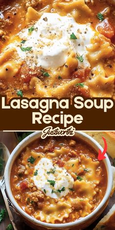 lasagna soup recipe in a bowl with sour cream on top